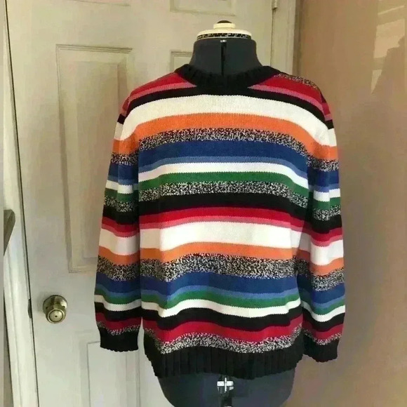 LIZ CLAIBORNE STRIPED RAINBOW CREW NECK CHUNKY COTTON SWEATER XL - Picture 1 of 4